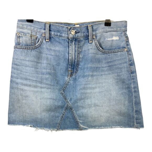 7 FOR ALL MANKIND Women’s Raw Hem Distressed Denim Jean Mini Skirt Blue Size 27 - Picture 1 of 13
